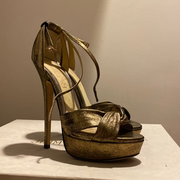 Jimmy Choo 37 Gold Glittery Suede-y Sandal - Picture 1 of 5